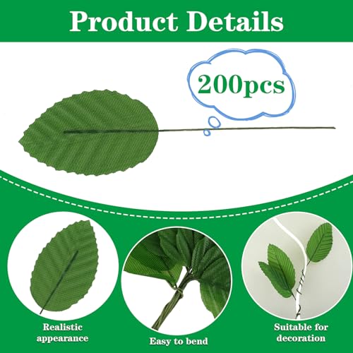 Yolev 200 Pcs Dark Green, Green & Silver Artificial Leaves for Crafts, Silk Fake Leaves, Bulk Faux Wired Single Leaf Wire Plastic Artificial Flowers, Silk Eaves for DIY Wreaths, Wedding, Christmas - color: Dark Green