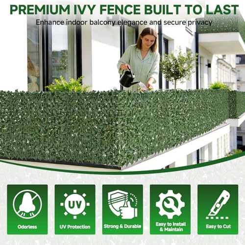 Artificial Ivy Fence Privacy Screen 120x40in UV-Anti Dense Faux Greenery Backdrop Fake Hedges Fence & Faux Ivy Vine Leaf Decoration for Patio Balcony Garden Wall Backyard Indoor Outdoor