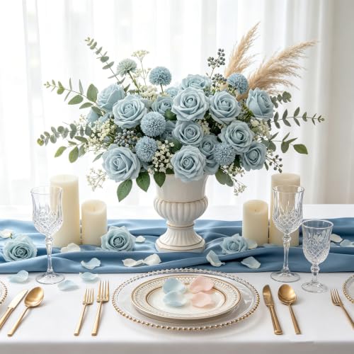 Artificial Flowers, 25pcs Light Blue Flowers Real Looking Artificial Rose for DIY Wedding Bouquets Centerpieces Arrangements, Blue Foam Flowers with Stem for Bridal Shower Party Home Decor - color: Light Blue, size: 25pcs