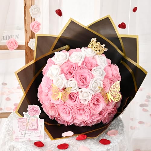 36+20 Glitter Roses Bouquet, DIY Fake Flowers Bouquet, Craft the Initials of Your Loves' Name with Artificial Rose Bouquet for Valentines, Anniversary, Wedding, Mothers Day Gifts, Pink & White - color: Pink & White