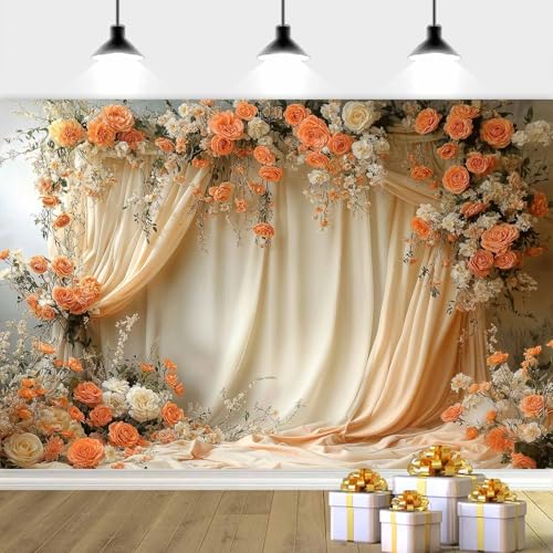 5X3ft Floral Photography Backdrop, Retro Flowers Backdrop Dreamlike Wedding Portrait Photo Background Romantic Wedding Birthday Bridal Shower Engagement Party Background Banner Decor, Orange-2 - color: Orange-2, size: 5x3ft