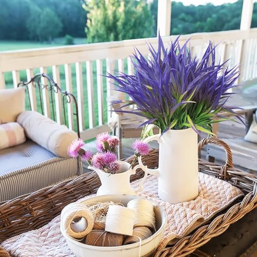 Outdoor Artificial Plants 8 Bundles Fake Plants Grass UV Resistant Fake Flowers Bush Greenery,17Inch Tall Faux Grass Shrubs for Home Porch Pathway Garden Décor Outside Indoor (Purple) - color: Purple