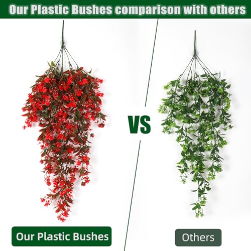 RECUTMS 2Pcs Artificial Hanging Flowers for Outdoor Decoration Fake Hanging Plants Faux Red Flowers Artificial UV Resistant Plastic Greenery Vines Ivy for Outdoor Indoor Garden Party Decor（Red） - color: Red-rose
