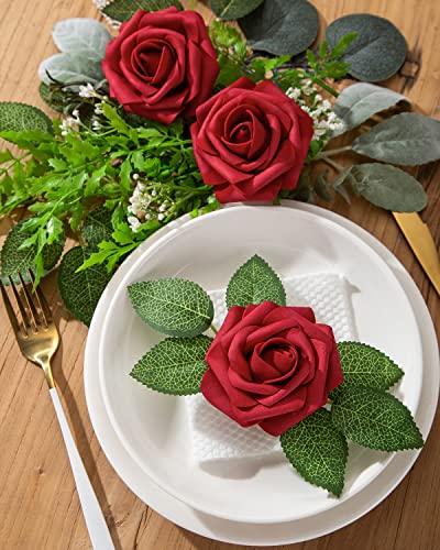 DuHouse 25Pcs Artificial Roses Flowers Fake Roses with Stems Real Touch Foam Flowers for DIY Wedding Bouquet Party Centerpiece Floral Arrangement Party Home Decor(Dark Red) - color: Dark Red, size: 25pcs