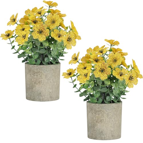 2 Pack Small Fake Plants Potted Artificial Plants Artificial Flowers Potted Faux Flower Daisy with Eucalyptus Leaves for Home Decor Office Room Farmhouse Indoor Table Bathroom Decor（Yellow） - color: Yellow