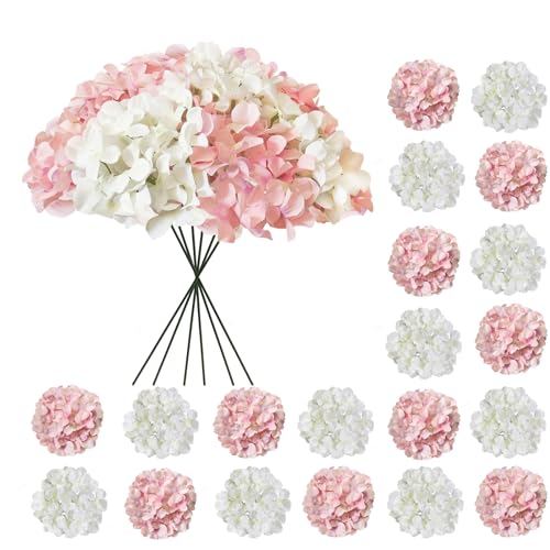 20 Pcs White and Pink Hydrangea Artificial Flowers Bulk, Faux Hydrangea Flowers Heads, Artificial Fake Silk Hydrangea Flowers with Stems, White Flowers Artificial for Decoration Wedding Décor - color: White Pink, size: 20 Pcs