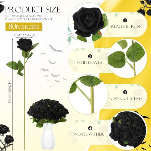 Hotop 80 Pcs Rose Artificial Flowers Bulk with Long Stem, Silk Roses Realistic Fake Flowers Bouquet for Wedding Table Centerpieces Bridal Shower Party Home Decorations(Black) - color: Black