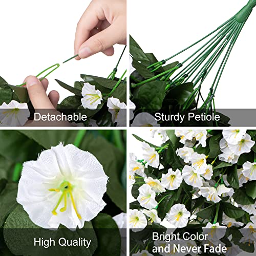 HyeFlora Artificial Fake Hanging Flowers Plants Vines for Outdoor Summer Decoration, 2PCS Faux Silk White Morning Glory Look Real UV Resistant for Home Outside Planter Porch Patio - color: White
