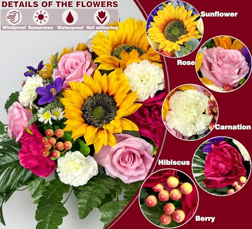 Artificial Cemetery Flowers Saddle and Headstone Flower Saddle -Pink Roses Sunflower Hibiscus Mix Bouquet, Sympathy & Memorial Flower