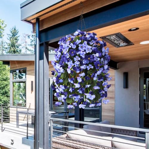 INQCMY Artificial Hanging Flowers Basket for Outdoors Spring Summer Decoration,Faux Silk Begonia in Planter Look Real UV Resistant for Outside Home Porch Patio Garden Balcony Yard Decor（Deep Blue） - color: Deep Blue