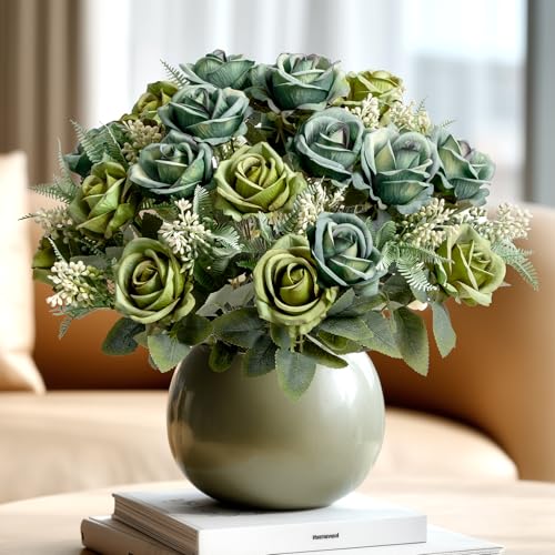 Fake Roses Green Roses Artificial Roses Silk Roses Artificial Roses with Stems 24 Full Flower Heads Faux Roses for Outdoor Indoor Centerpieces home Wedding Farmhouse Decoration No Vase(4PCS,Green) - color: Green 4pcs
