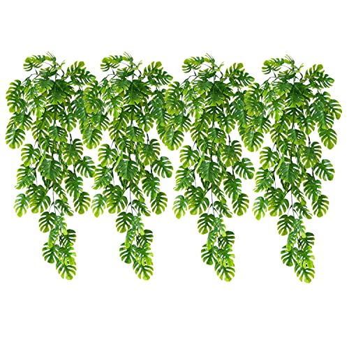 PASYOU Artificial Hanging Plants Fake Monstera Vines for Decoration, Ivy with Leaves Outdoor Indoor Decor Plastic Greenery Plant Faux Stems Home Garden Party Wedding Bedroom Room Office - 4 Pack - color: Monstera Vine - 4 Pcs