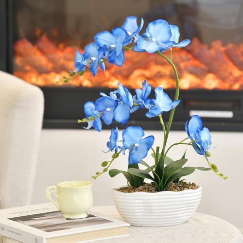 19" H Phalaenopsis Faux Orchid Plant Silk Orchid Centerpiece Artificial Floral Arrangement in Ceramic Pot (Blue) - color: Blue