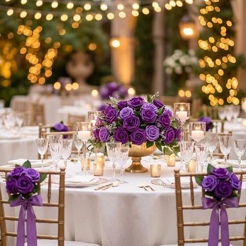 30pcs Real Looking Purple Foam Artificial Roses with Stems, Fake Rose Flowers for DIY Wedding Bouquets Bridal Shower Centerpieces Home Party Tables Valentine's Day Mother's Day Decor Gift - color: 30pcs Purple
