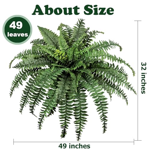 Large Artificial Ferns for Outdoor 49" Fake Boston Fern 49 Fronds Faux Ferns Plant Silk Greenery for Indoors Home Garden Porch Windowsill Decor (1 Stem)