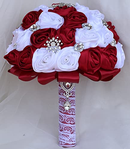 Sharebeauty 9.4" Handmade Satin Rose Bridal Bouquet Toss Round Wedding Bouquet Throw Toss Artificial Flower Bunch Dark Red + White - color: Dark Red/White, size: 9.4"/24cm