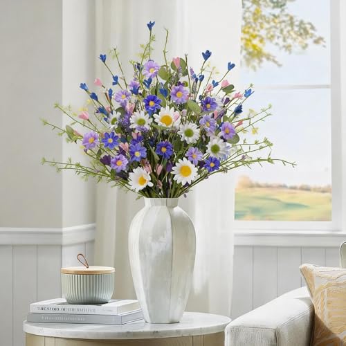 Artificial Spring Flowers 12 Pack Floral Picks 17 Inch Spring Floral Stems with Green Leaves White Blue Purple Daisy Forsythia for Flower Arrangements Centerpieces Indoor Decorations