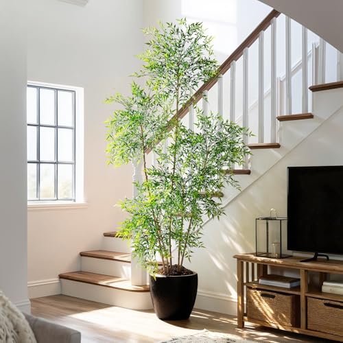 Large Faux Bamboo Plant Big Fake Nandina Trees Plastic plantas Indoor Outdoor Realistic Floor Plants Artificial Tree for Home Living Room Corner Office Patio Porch Bonsai Decor Housewarming Gift - color: Green, size: 7ft 2in