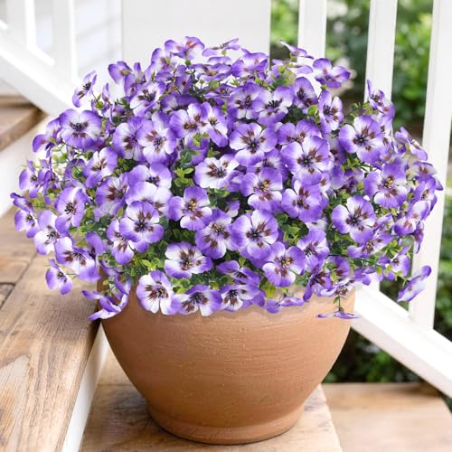 Artificial Pansies Flowers for Outdoor Faux Flower Spring Summer Decor, 12 Bundles Realistic Fake Silk Flowers Outside UV Resistant for Porch Patio Garden Home Yard Window Box Planters Purple - color: Purple White