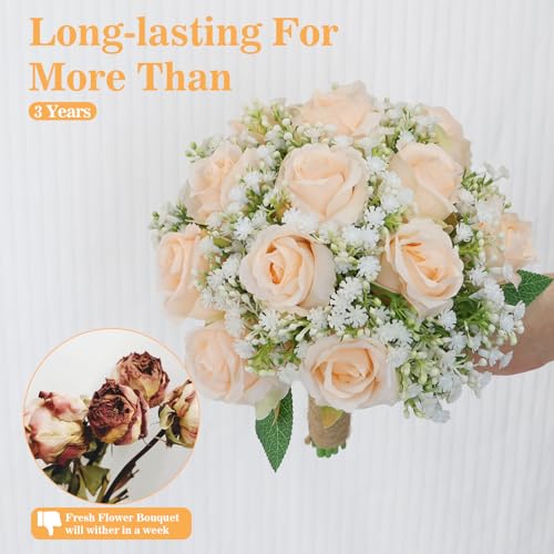 Wedding Bridesmaid Bouquets Set of 4 - 7 Inch Artificial Flower Bouquet for Bridesmaid, Silk Champagne White Rose Fake Small Bouquet Handmade for Wedding Bridal Shower Party Ceremony Anniversary Decor - color: Champagne, size: Set of 4 Bridesmaid Bouquets