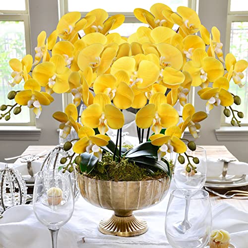 4 Pcs Artificial Orchid Flowers 9 Large Heads of Real Touch Vivid Phalaenopsis Orchid Flower Stem 31.5'' Tall, Artificial Flowers Branches for Home Decor, Office House Decor-Yellow Phalaenopsis - color: Yellow #13