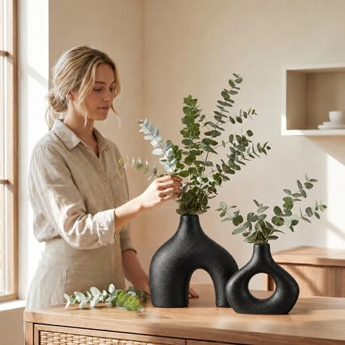 Black Ceramic Flower Vase Home Decor Set of 2, Farmhouse Table Vases Rustic Vintage Living Room Kitchen Bedroom Decorations for House Book Shelf Office Coffee Desk Dining Fireplace - color: Large Black
