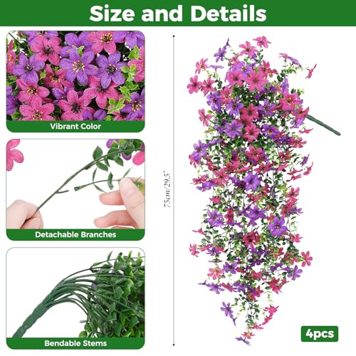 Roberly 4 Pcs Artificial Hanging Flowers for Outdoors, Realistic Faux Silk Flowers UV Resistant Fake Greenery Plants for Spring Summer Garden Porch Indoor Outdoor Home Decor, Purple Fuchsia - color: Purple Fuchsia