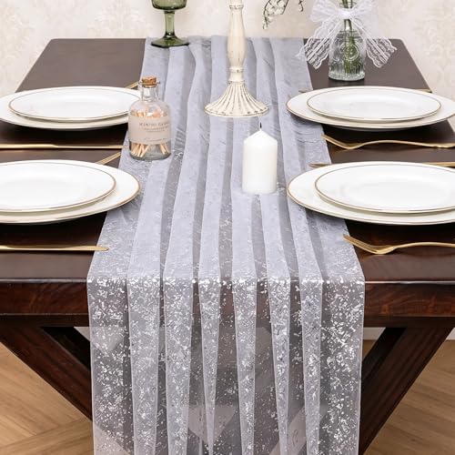 10 Ft White Silver Gauze Table Runner 120 Inch Glitter Metallic Foil Sheer Tulle Cheesecloth Table Runner Sequin Bridal Wedding Birthday Anniversary Christmas Dining Home Decor for Party - color: White Silver, size: 10 ft × 1 pc