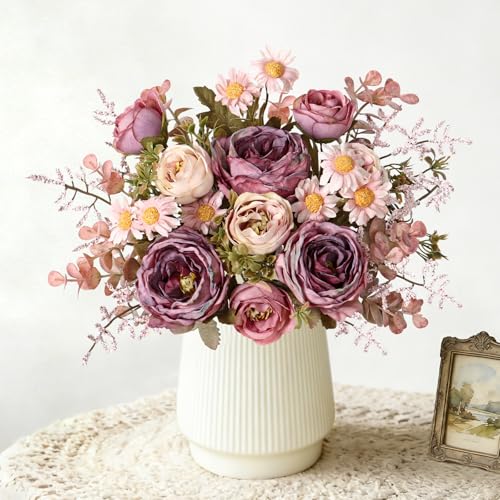 Artificial Roses Flowers 3 Pack Vintage Roses Pink Flowers Small Silk Rose Bouquet with Daisy Flowers Faux Floral Arrangements for Vase Centerpiece Table Wedding Party Decor - color: Pink, size: 3PCS