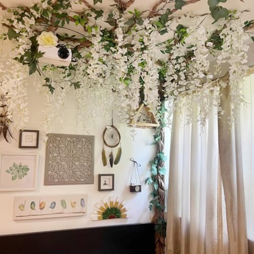 HUAHUA Artificial Wisteria Flowers, White Dense Artificial Fake Wisteria Vine Ratta Hanging Garland Silk Flowers String for Home Party Wedding Decor (24pcs White) - color: 24pcs White