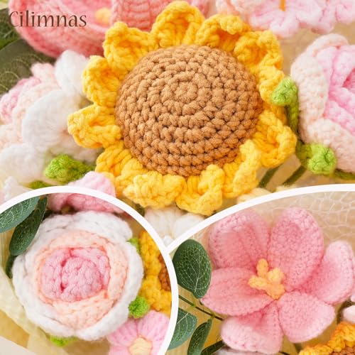 Crochet Flower Bouquet,Pink Knitted Flowers, Handmade Sunflowers Tulips Roses Bouquet for Birthday Anniversary Party Mother's Day Graduation Gifts - color: Pink