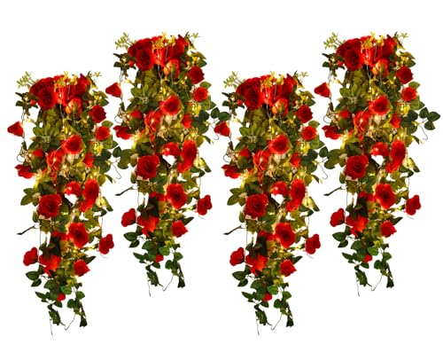 RECUTMS Artificial Red Rose Hanging Flowers Plants, 4PCS 37 Inches Draping Fake Ivy Garland with 30 LED Fairy String Lights for Home Garden Wedding Valentines Day Indoor Outdoor Greenery Decorations - color: Red, size: 4pcs light