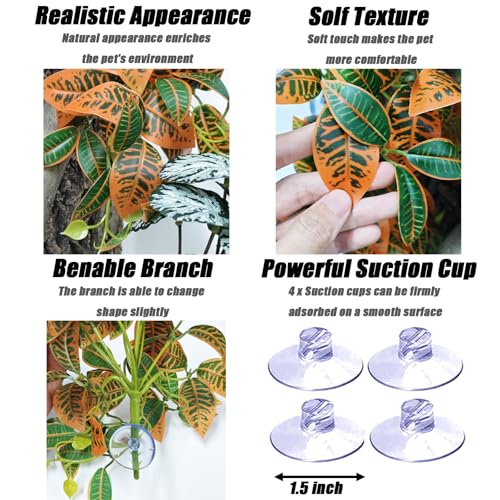 Woyrise 2 Pack Reptile Plants, Terrarium Hanging Plant Vines, Artificial Leaves with Suction Cup, Bearded Dragon Tank Accessories for Gecko Lizard Snake Frog Tortoise Decorations - Codiaeum Variegatum - color: Codiaeum Variegatum
