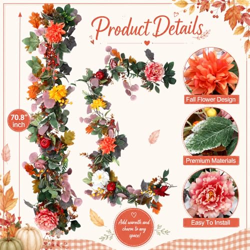 6 ft Fall Garlands for Mantle Autumn Artificial Maple Leaves Wildflowers Apple Berry Garland Fall Fake Harvest Decortable Centerpiece for Thanksgiving Fireplace Indoor Outdoor - style: Autumn