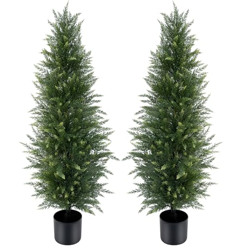 4 ft Artificial Cedar Topiary Trees Set of 2 Outdoor Faux Plants | Taller 4FT Profile, Realistic Faux Cedar, UV Resistant, Stable Weighted Base, for Porch Patio Entryway - color: Green, size: 4FT