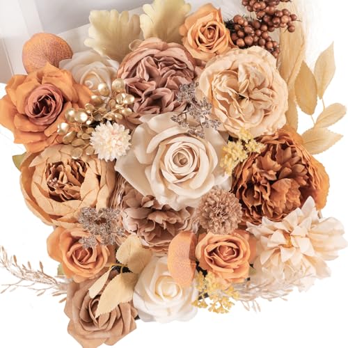 TINGE TIME Silk Fake Flowers Combo, Fake Foam Roses with Stems for DIY Wedding Bouquets Centerpieces Baby Shower Party Home Decorations(Nude Color & Pale Coffee) - color: Nude Color & Pale Coffee
