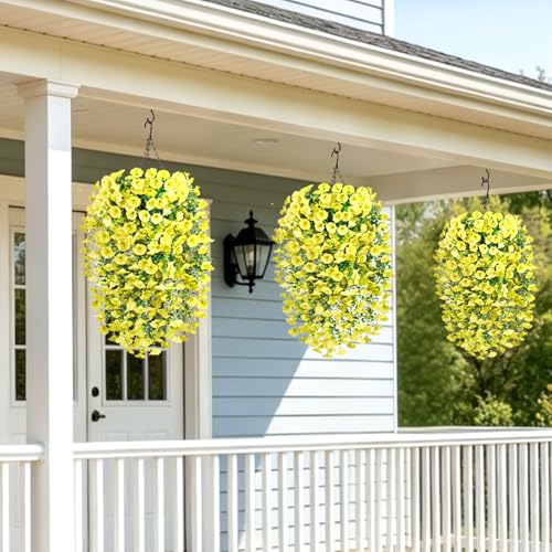 Artificial Flowers for Outdoors, 6-Pack 420 Blooms UV Resistant Hanging Morning Glory Silk Flowers Vines, Realistic Fake Plants Outside Decroation for Porch Patio Balcony Yard Garden (Yellow) - color: Yellow