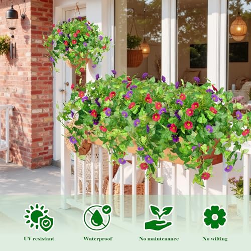 Krissing 3 Pcs Artificial Flowers for Outdoors UV Resistant, Fake Greenery Plants with Daisy Flowers for Outside Planters Porch Window Box Home Decor (Purple, Red) - color: Purple+hot Pink, size: 3