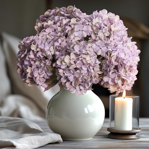 Artificial Flower Fake Silk Hydrangea Heads Bouquet With Stems Bulk for Fall Decoration Table Center Christmas Indoor Outdoor Faux Floral Realistic With Leaves Plants Crafts 8PCS(Pale Purple) - color: Pale Purple