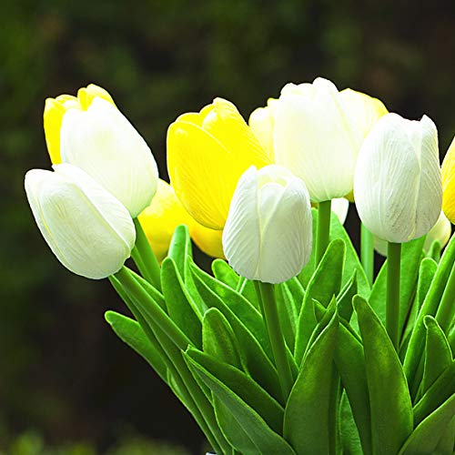 20 Pieces Artificial Real Touch Tulips Flower Arrangement in Glass Vase with Faux Water for Home Decoration (White Yellow) - color: White Yellow