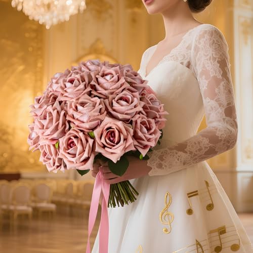 Ttranewsoo Fake Roses Faux Flowers Silk Roses 16.5In Artificial Roses with Stems Realistic Artificial Flowers Suitable for Indoor Home Decor DIY Bouquet Wedding Decor Party Decor 24PCS (Pink Purple) - color: Pink Purple 24pcs