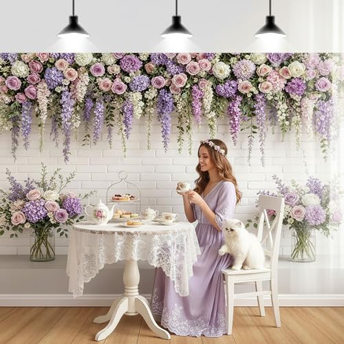 JAWO 6X4ft Floral Brick Wall Backrop Pink Purple Rose Hydrangea Hanging Vine White Brick Wall Photography Backdrop Wedding Bridal Baby Shower Birthday Anniversary Party Decor Photo Booth Prop - color: Purple1, size: 6X4