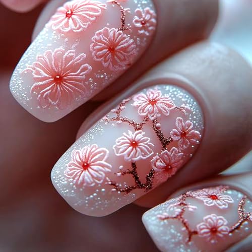 24Pcs Pink Flower Press on Nails Short Square Fake Nails Cherry Blossom False Nails with White Snowflake Design Full Cover Artificial Glue on Nails Spring Stick on Nails Cute Nail Supplies for Women