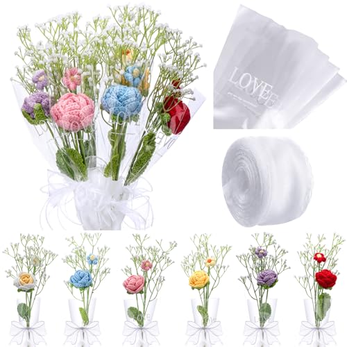 Suncalla 6 Bundle Mother's Day Crochet Flower Bouquet Handmade Crochet Rose Artificial Babys Breath Puff Flowers Bouquet Gift for Woman, Graduation Supplies(Multicolor,Rose) - color: Multi Color, style: Multicolor 1