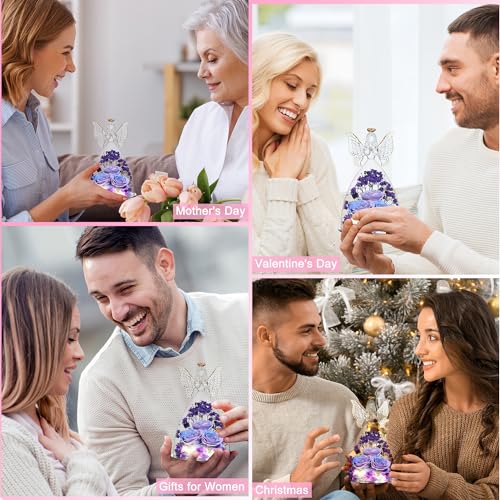 Mothers Day Rose Gifts for Women Preserved Real Flower in Glass Angel Figurines Roses for Delivery Prime Birthday Gifts for Mom Grandma Girlfriend Wife Her, BluePurple - color: Bluepurple