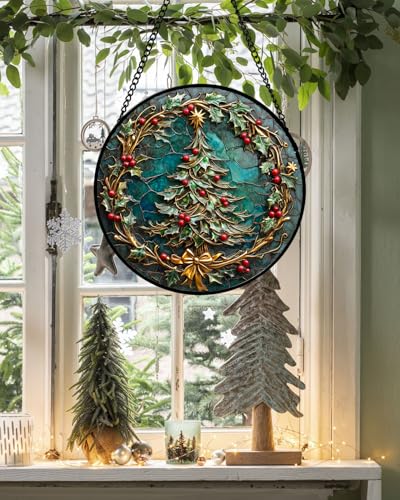 DASTOLL Stained Glass Window Hangings - Red Gold Green Wreath Suncatcher for Door Home Christmas Tree Decoration Sun Catcher Thanksgiving New Year Birthday Gift for Women Men Mom Grandma 15 in - color: Cyan, size: 14.9x14.9 IN