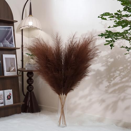 Premium Faux Brown Pampas Grass – 43.3" Tall Fluffy Decor, 8pcs 18-Branch One-Piece Stems No Assembly, Luxury Silk-Feel Feather Flowers for Boho Rustic Modern Home Decor (Cocoa Brown, 8 Stems / 110cm) - color: Faux Brown, size: 8pcs 43.3"(110cm)