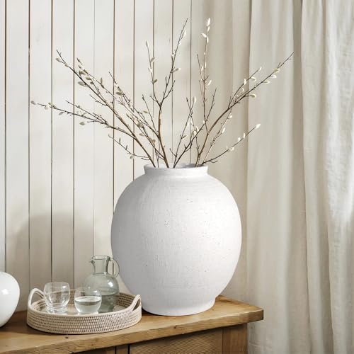 11" White Ceramic Vase, Rustic Farmhouse Living Room Home Decor | Artisan Handcrafted Large Ceramic Vase,Round Ceramic Flower Vase - size: 11.1Inch