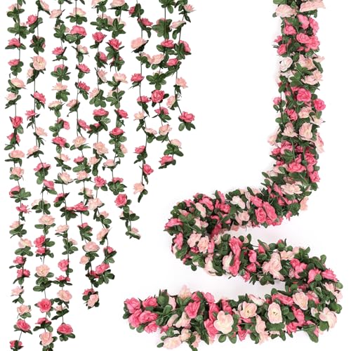 KHOYIME 18 Pack 144 FT Artificial Flower Garland, Fake Pink Roses Vines Silk Flowers Faux Plastic Outdoor Hanging Floral Ivy Garland Decoration for Wedding Arch Bedroom Home Wall Backdrop Room Decor - color: Pink, size: 18pcs