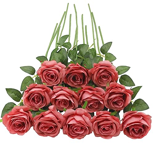 Tifuly Coral Pink Roses Artificial Flowers -12 Pcs Long Stem Silk Roses, Realistic Fake Roses with Stem for Bridal Bouquets, Home and Office DIY Decor - color: Coral Pink